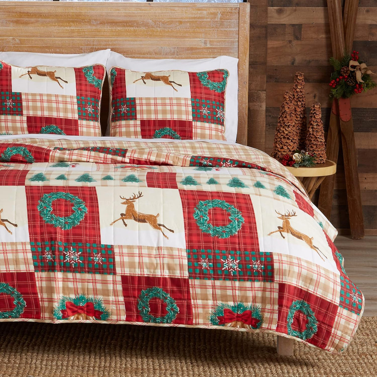 Forest Green 3-Piece Reversible Quilt Set with 2 Shams E241