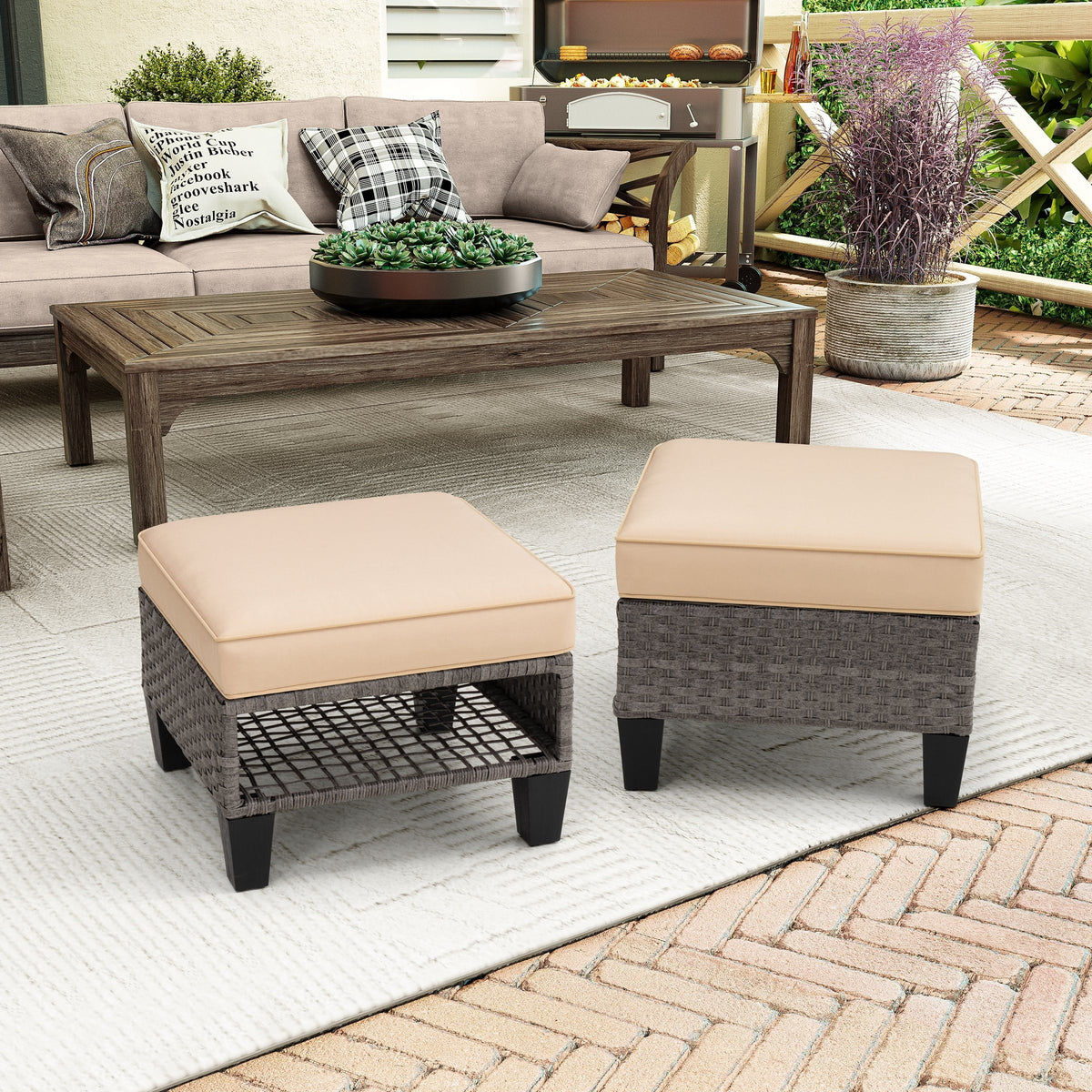 Square Rattan Storage Ottomans Set of 2 with Cushion V277896