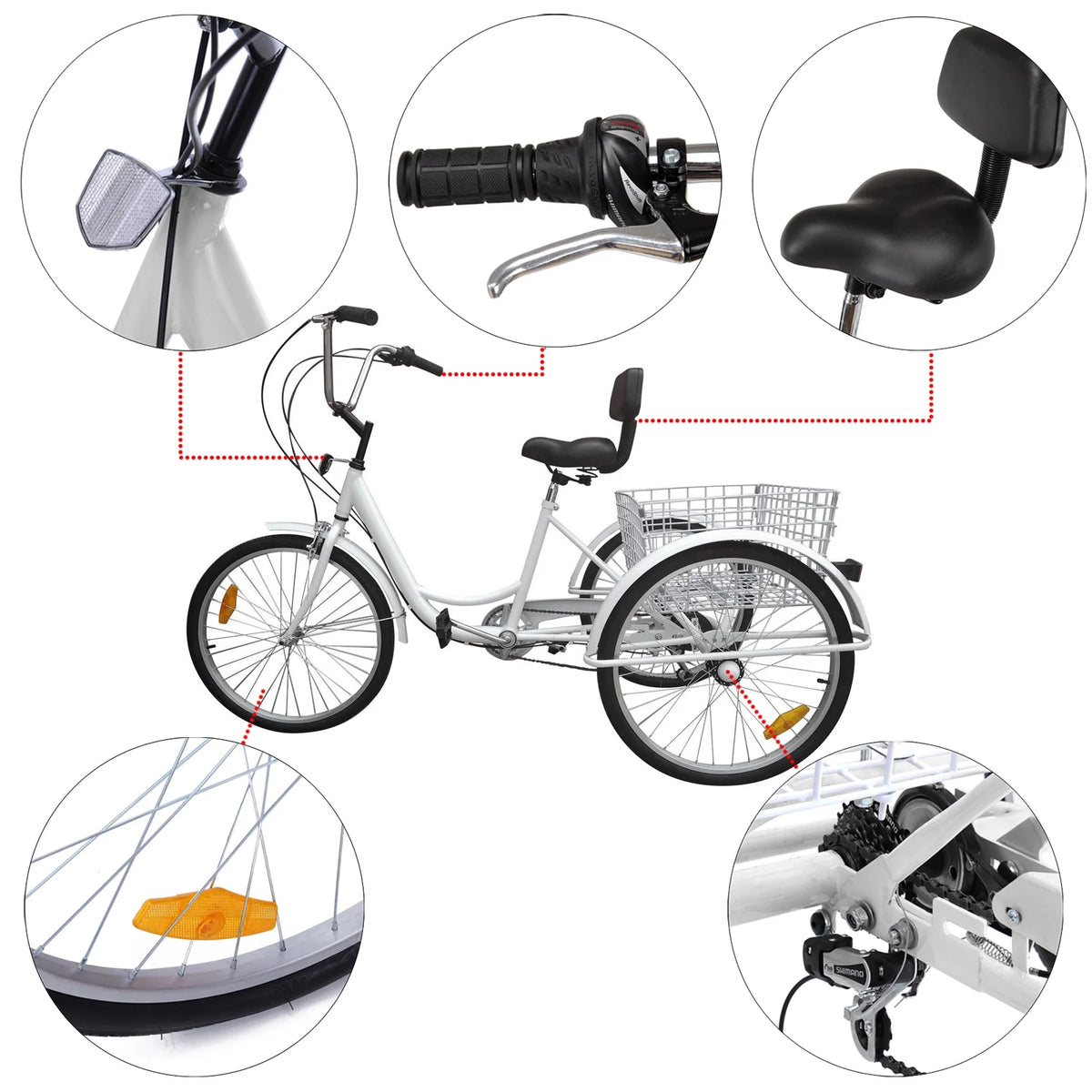 24" 7-Speed 3-Wheel Tricycle with Basket White X6547