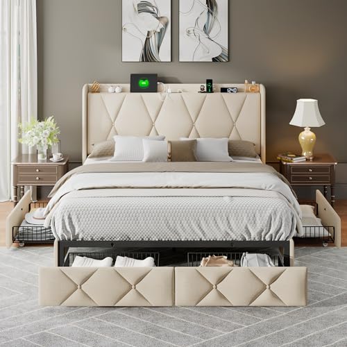 Light Grey Twin Upholstered Platform Bed Frame with 3 Storage Drawers G3722