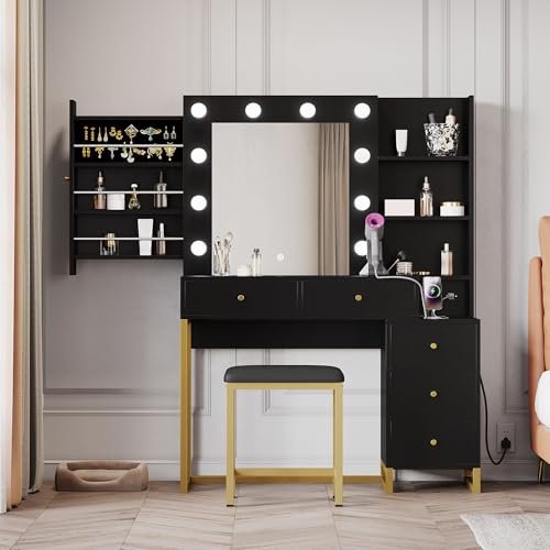 Black Makeup Vanity Desk with Mirror and Stool H3135