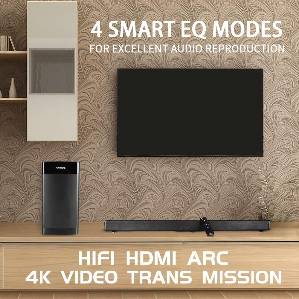 38.5” 2.1 CH Sound Bar with 5.25 inch Subwoofer, Bluetooth 5.0, HDMI(ARC), Optical, COAXIAL, AUX, RCA, USB, Black Y4905