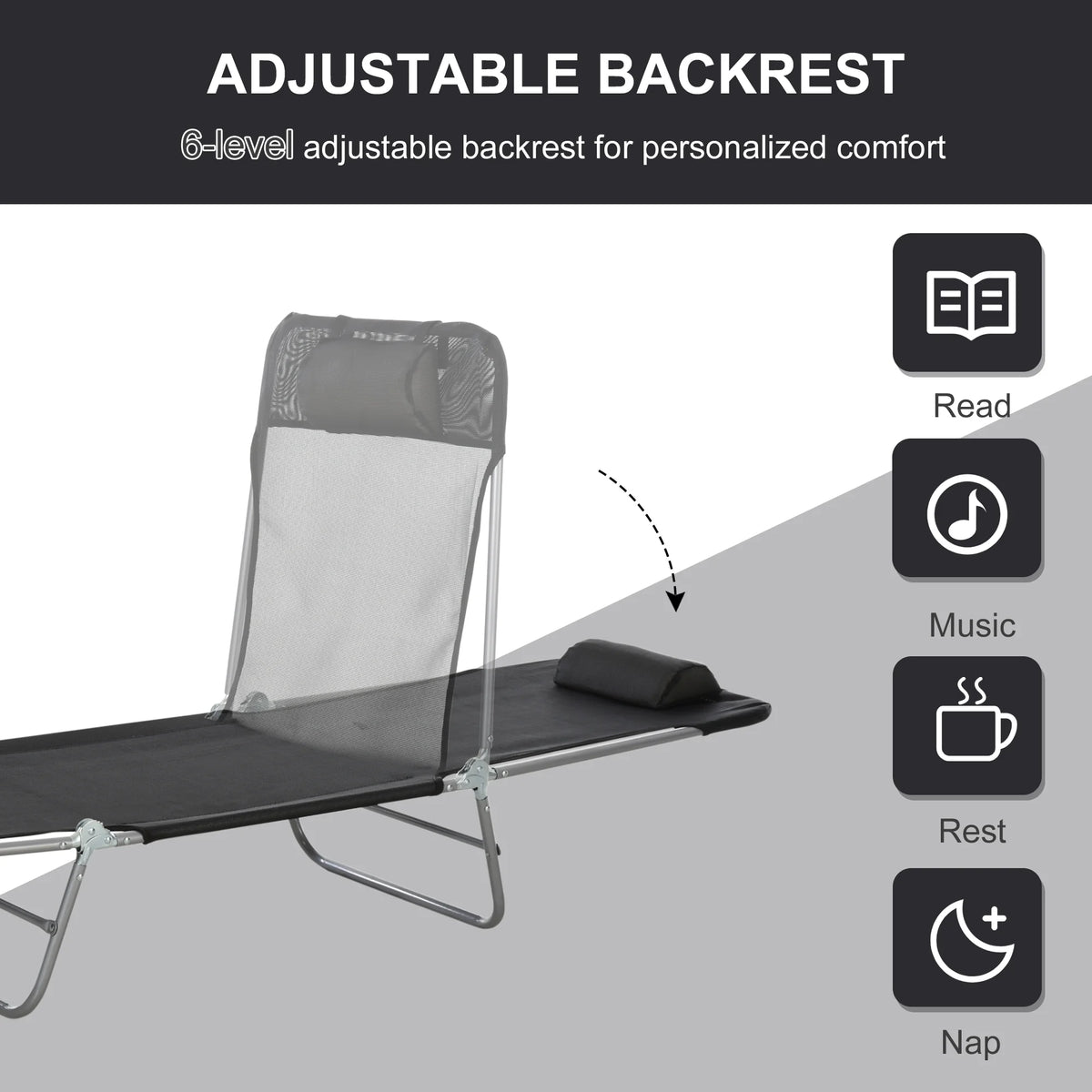 Folding Chaise Lounge Pool Chairs with Pillow, Steel Frame & Breathable Mesh, Black O407