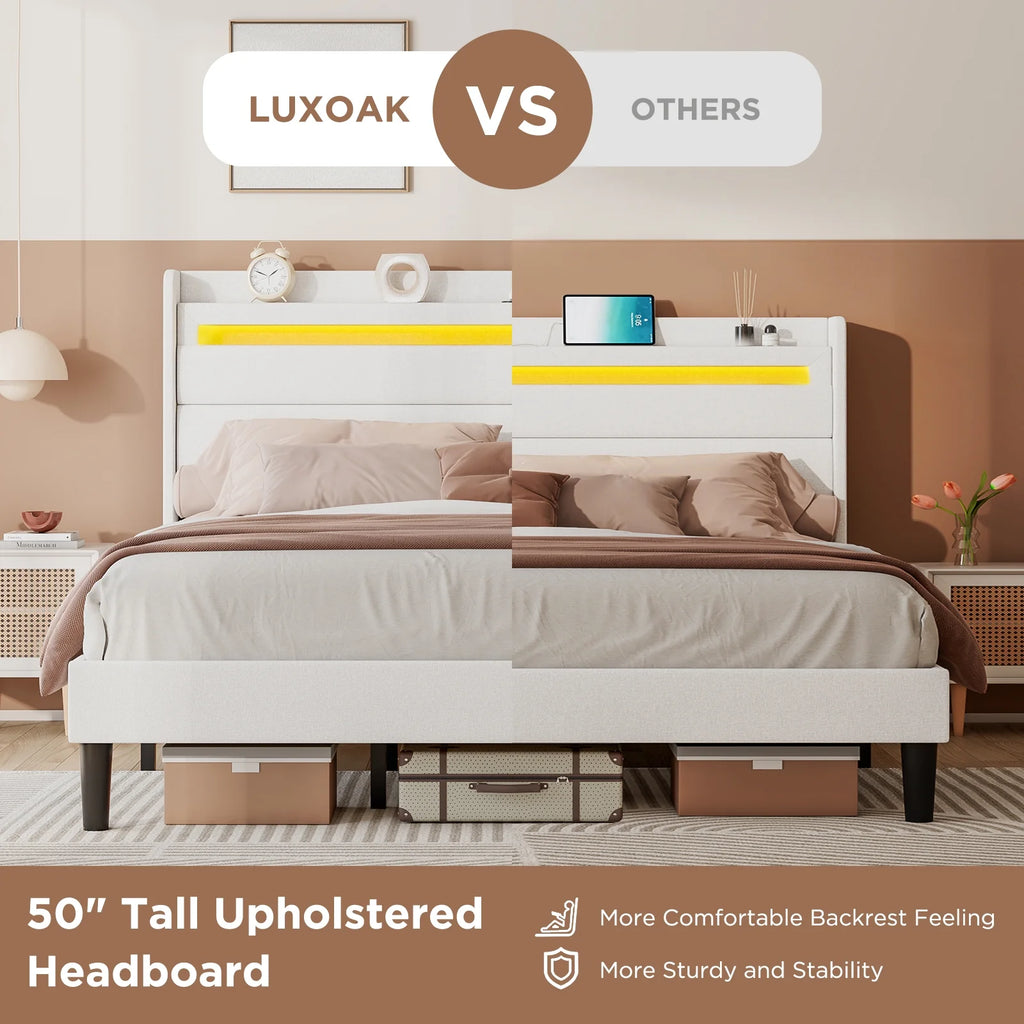 Queen Size White Linen Upholstered Platform Bed with Storage Headboard Z92044
