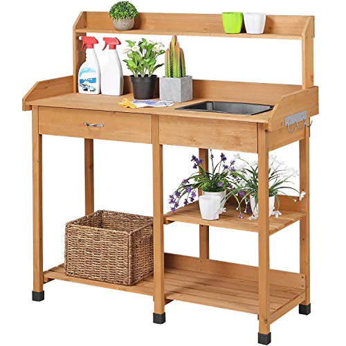Natural Wood Potting Bench with Sink Drawer Rack Shelves L18044