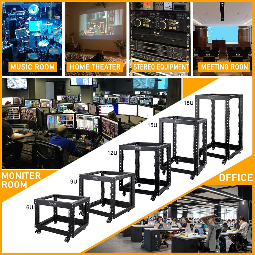 12U Open Frame Server Rack with Casters, 4 Post, 19-inch, Black T29443