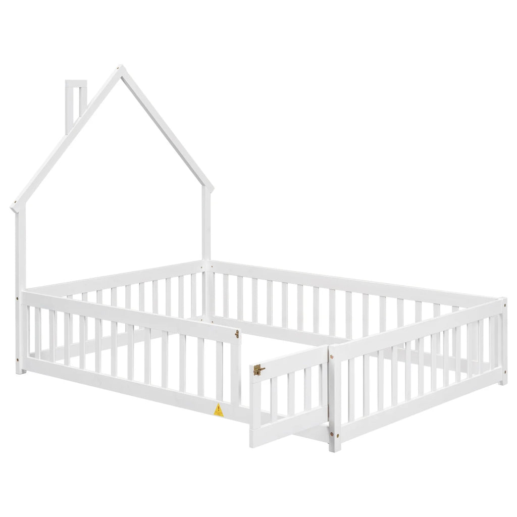 Grey Twin Size Wood Floor Bed with Fence O1829