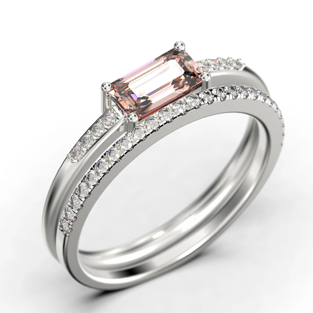 1.45 Carat Emerald Cut Morganite And Diamond Moissanite Engagement Ring in Silver With 18k White Gold Plating U3278