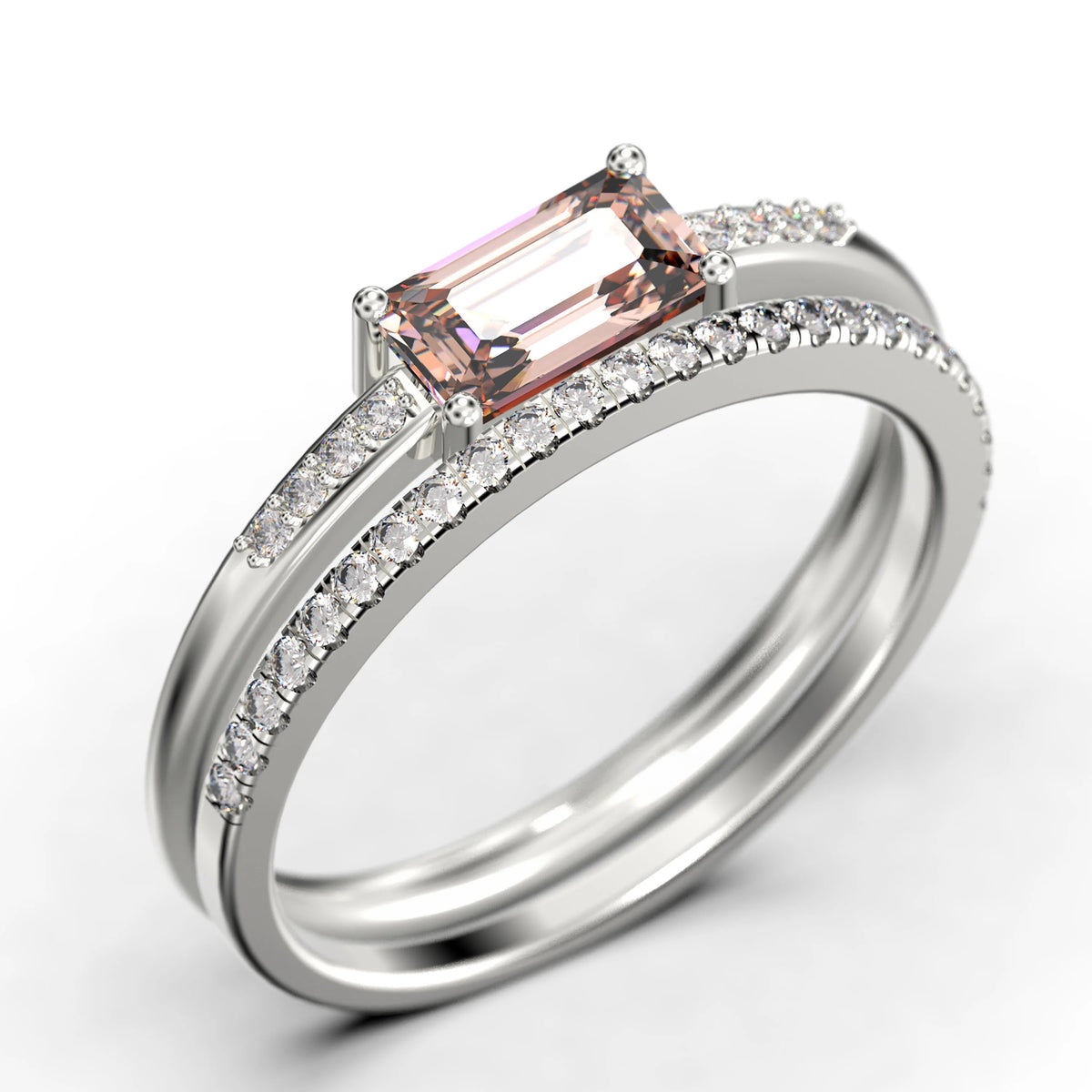 1.45 Carat Emerald Cut Morganite And Diamond Moissanite Engagement Ring in Silver With 18k White Gold Plating U3278