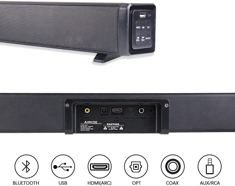 38.5” 2.1 CH Sound Bar with 5.25 inch Subwoofer, Bluetooth 5.0, HDMI(ARC), Optical, COAXIAL, AUX, RCA, USB, Black Y4905