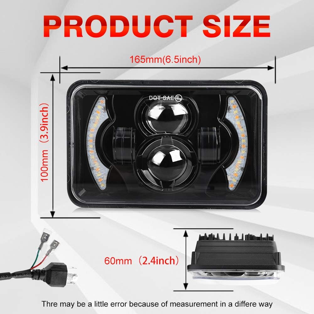 2pcs 4x6 Inch LED Headlights Sealed Beam 80W Amber Halo Rectangular Replacement Pack of 2 W7906