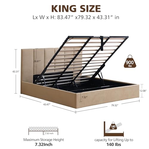 California King Size Lift-Up Storage Upholstered Platform Bed Beige J498340