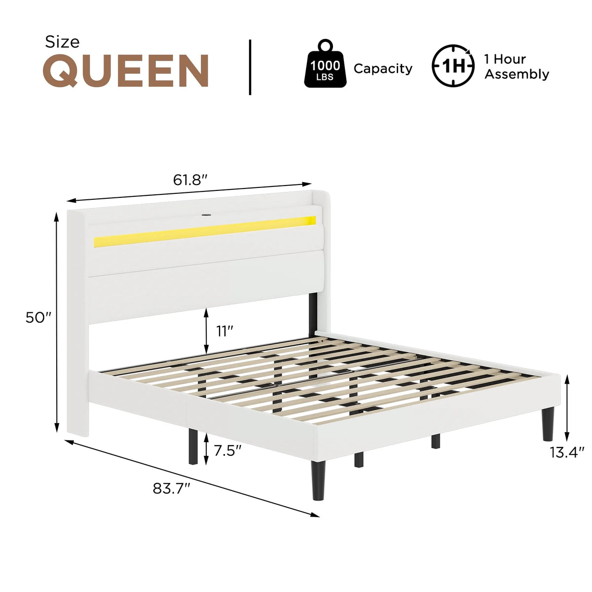 Queen Size White Linen Upholstered Platform Bed with Storage Headboard Z92044