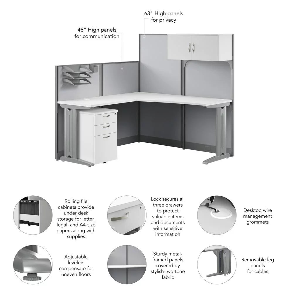 L Cubicle Desk with Storage in Pure White Engineered Wood O82207