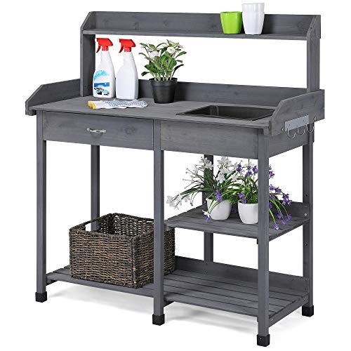 Natural Wood Potting Bench with Sink Drawer Rack Shelves L18044