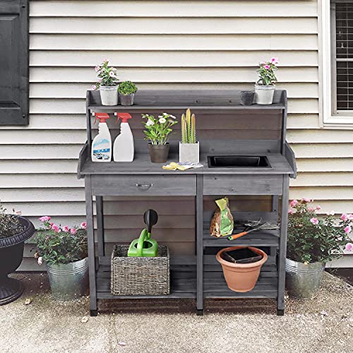 Natural Wood Potting Bench with Sink Drawer Rack Shelves L18044
