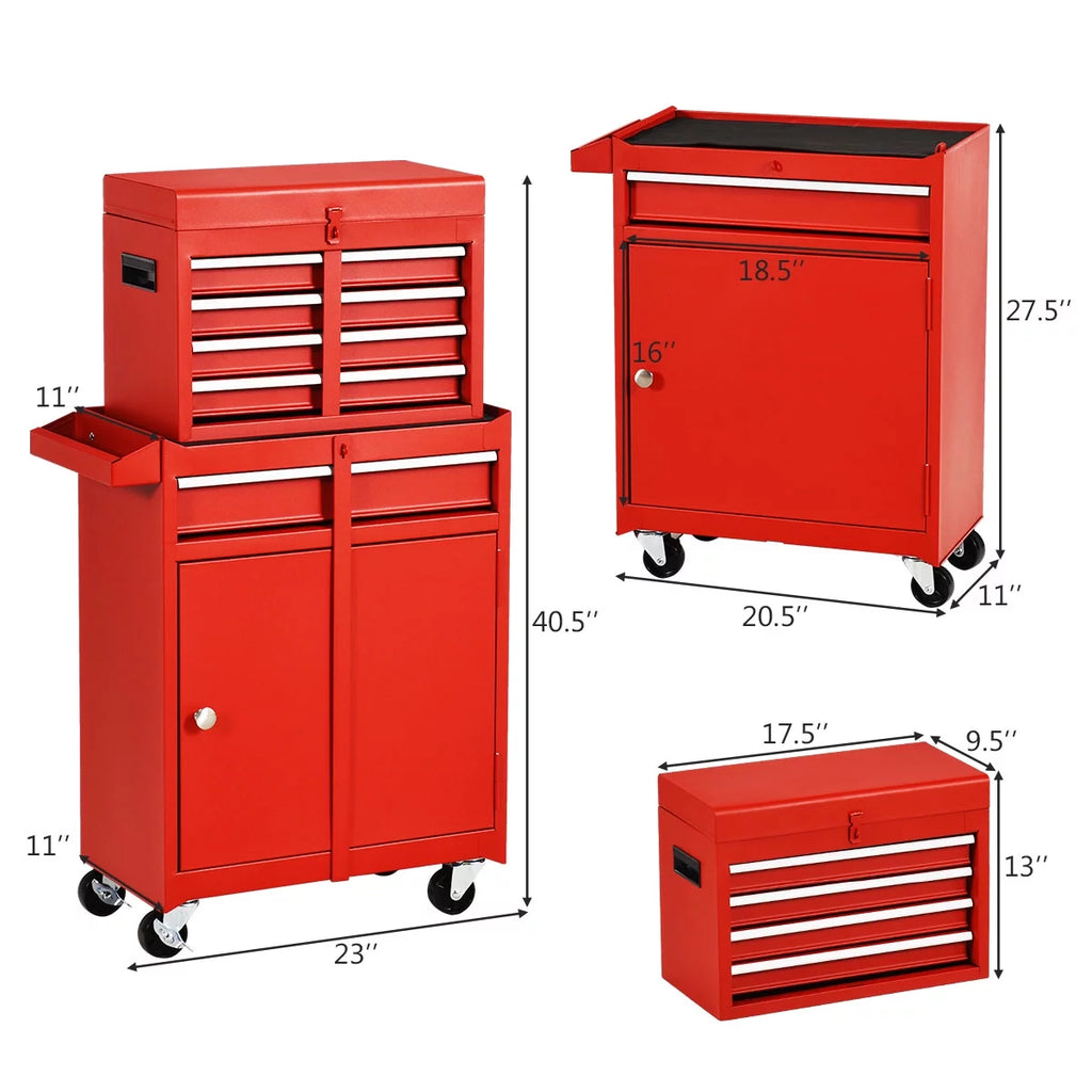 2 in 1 Tool Chest & Cabinet with 5 Sliding Drawers Red Y238