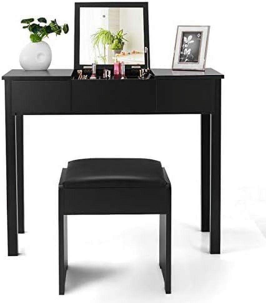 Black Vanity Set with Flip Top Mirror and Cushioned Stool E1516