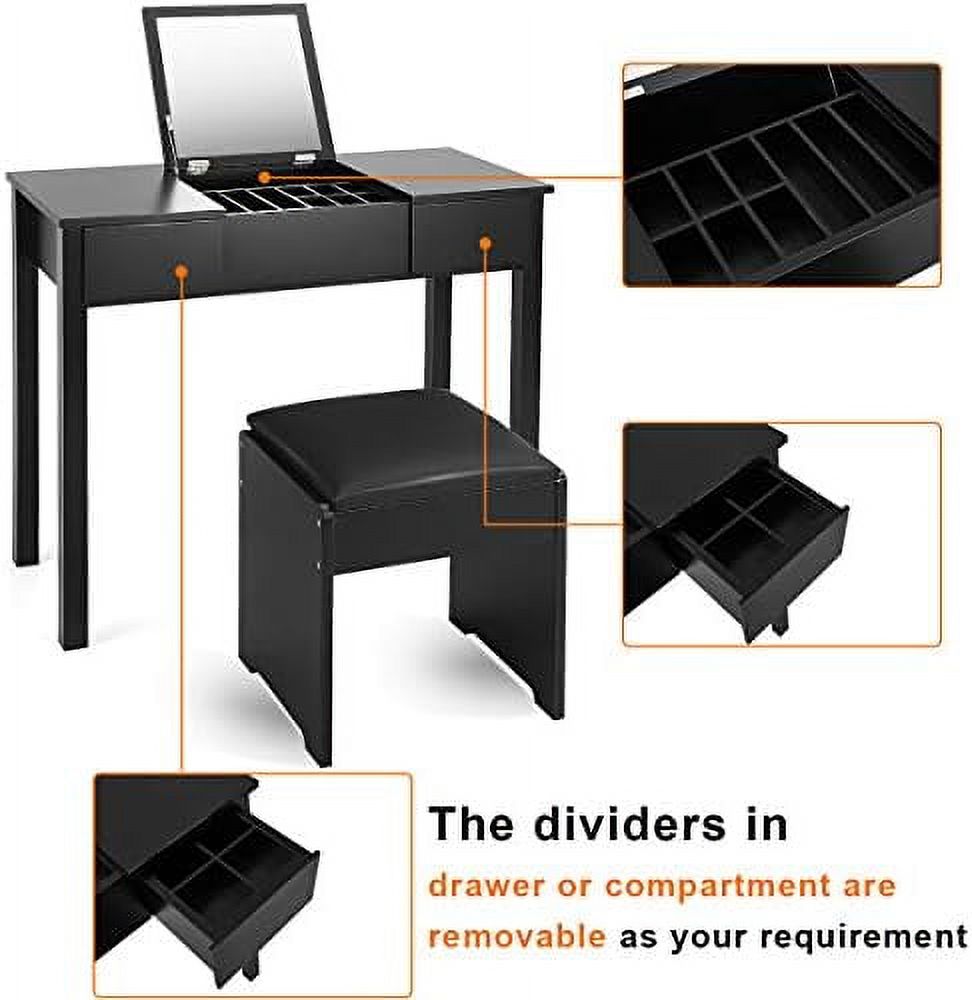 Black Vanity Set with Flip Top Mirror and Cushioned Stool E1516
