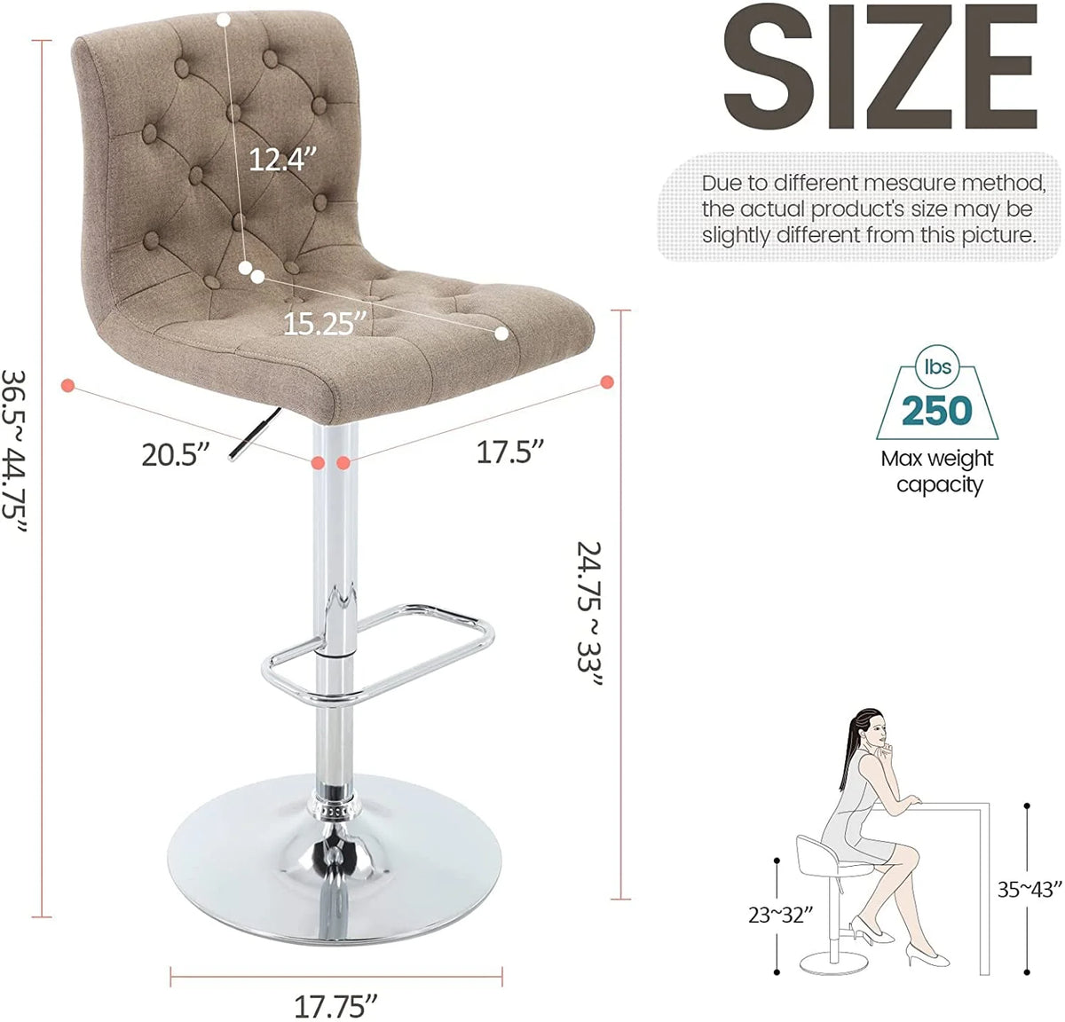 Tufted Swivel Bar Stool with Back, Fabric Upholstered Armless Bar Chair A59753