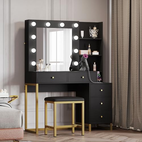 Black Makeup Vanity Desk with Mirror and Stool H3135