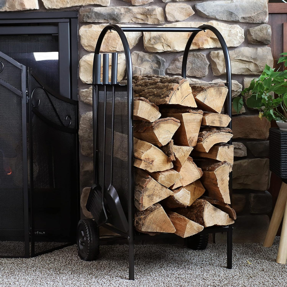 Wrought Iron Firewood Rack with Poker, Shovel and Brush Tools C455528