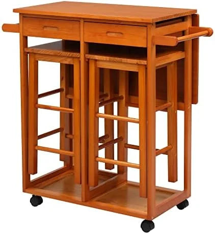 Drop Leaf Solid Wood Table and Stool Set with 2 Drawers A12314