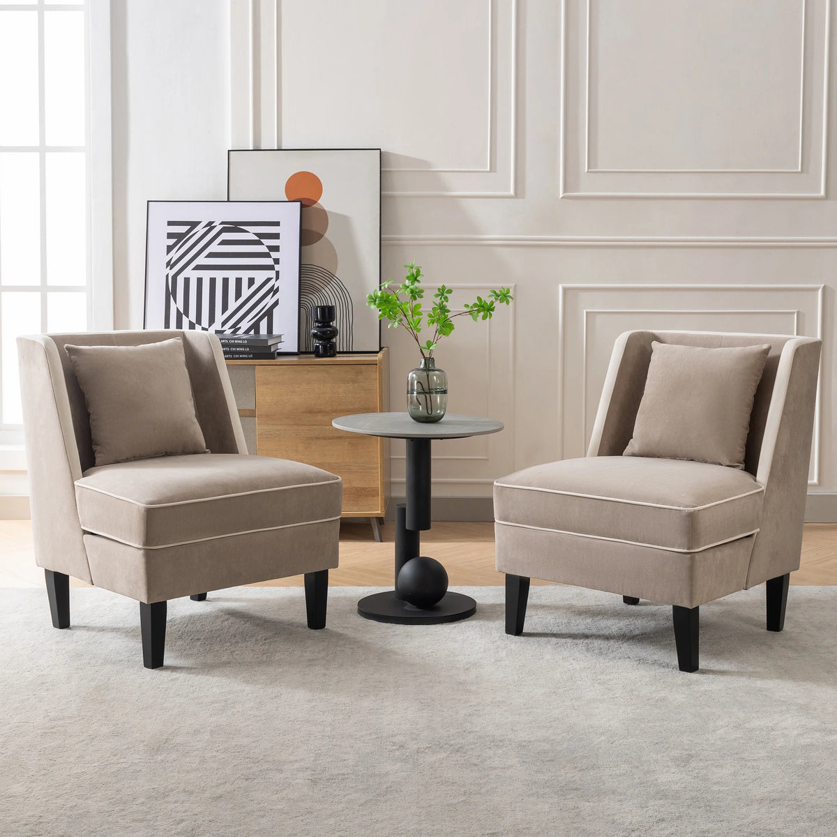 Velvet Upholstered Accent Chair with Cream Piping B9139