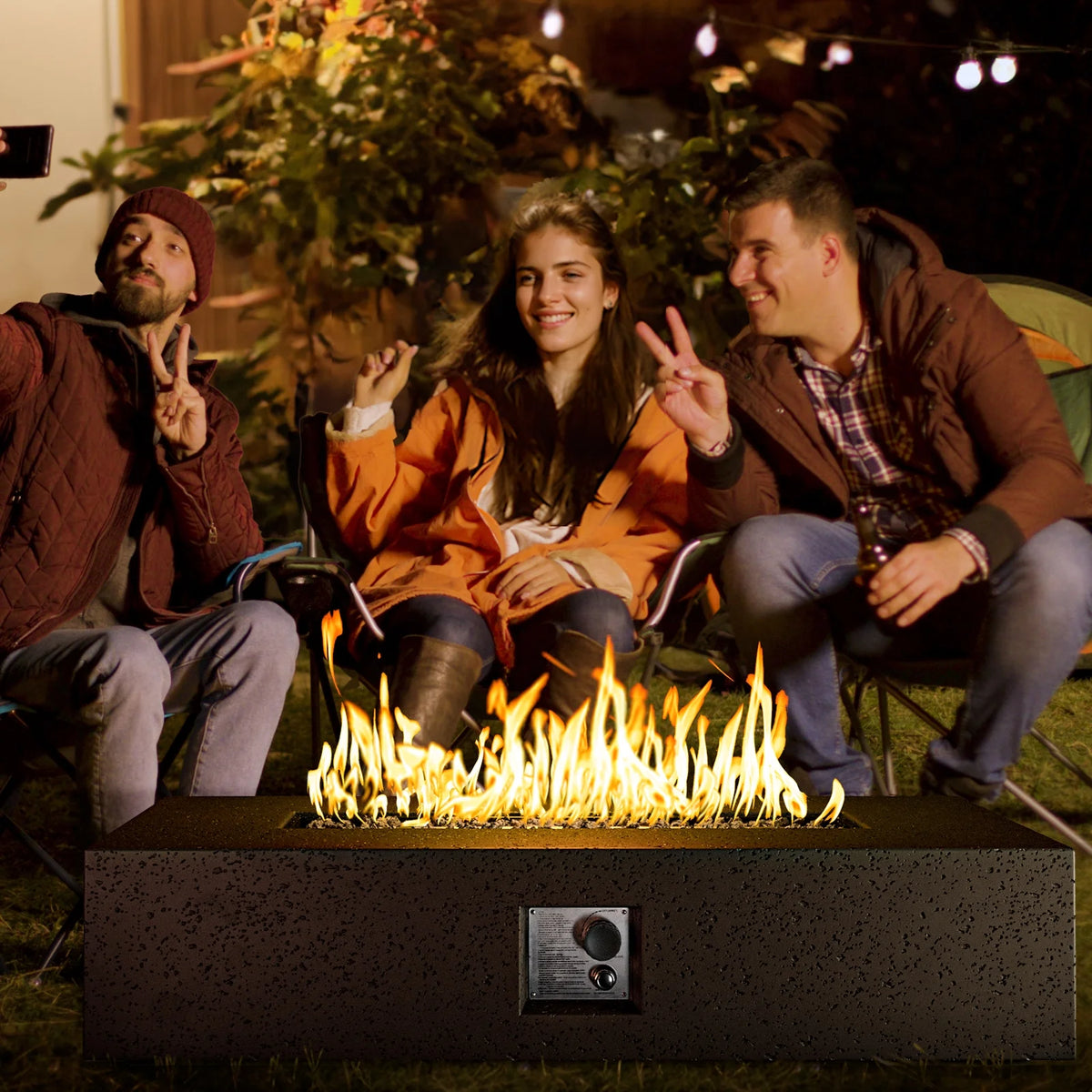 56-inch x 28-inch Outdoor Propane Fire Pit Coffee Table with Concrete Rectangle Base T6150