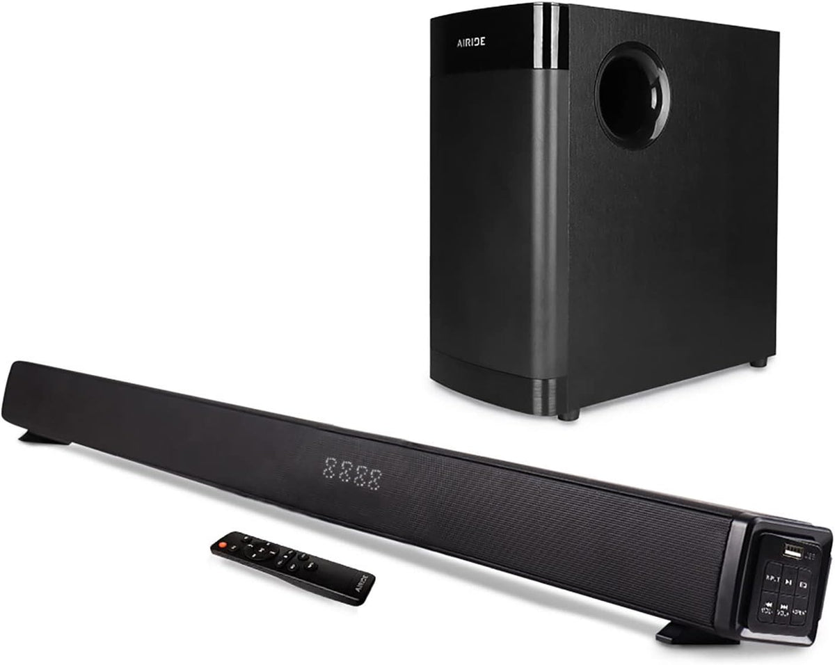 38.5” 2.1 CH Sound Bar with 5.25 inch Subwoofer, Bluetooth 5.0, HDMI(ARC), Optical, COAXIAL, AUX, RCA, USB, Black Y4905