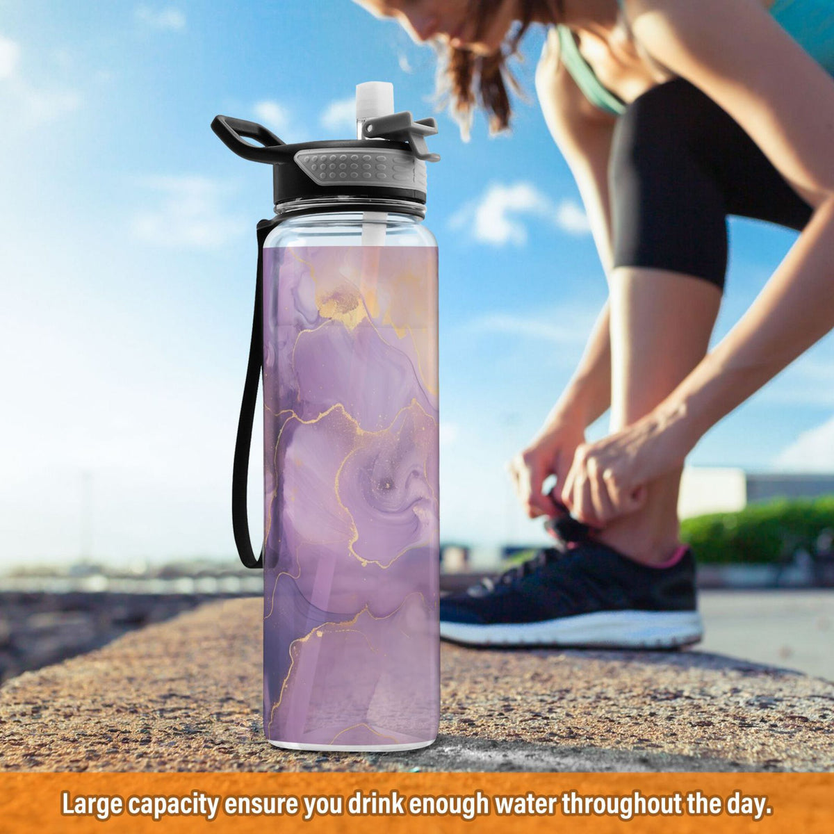 Purple and Gold Marble 32oz Tritan Leakproof Water Bottle with Straw K966811