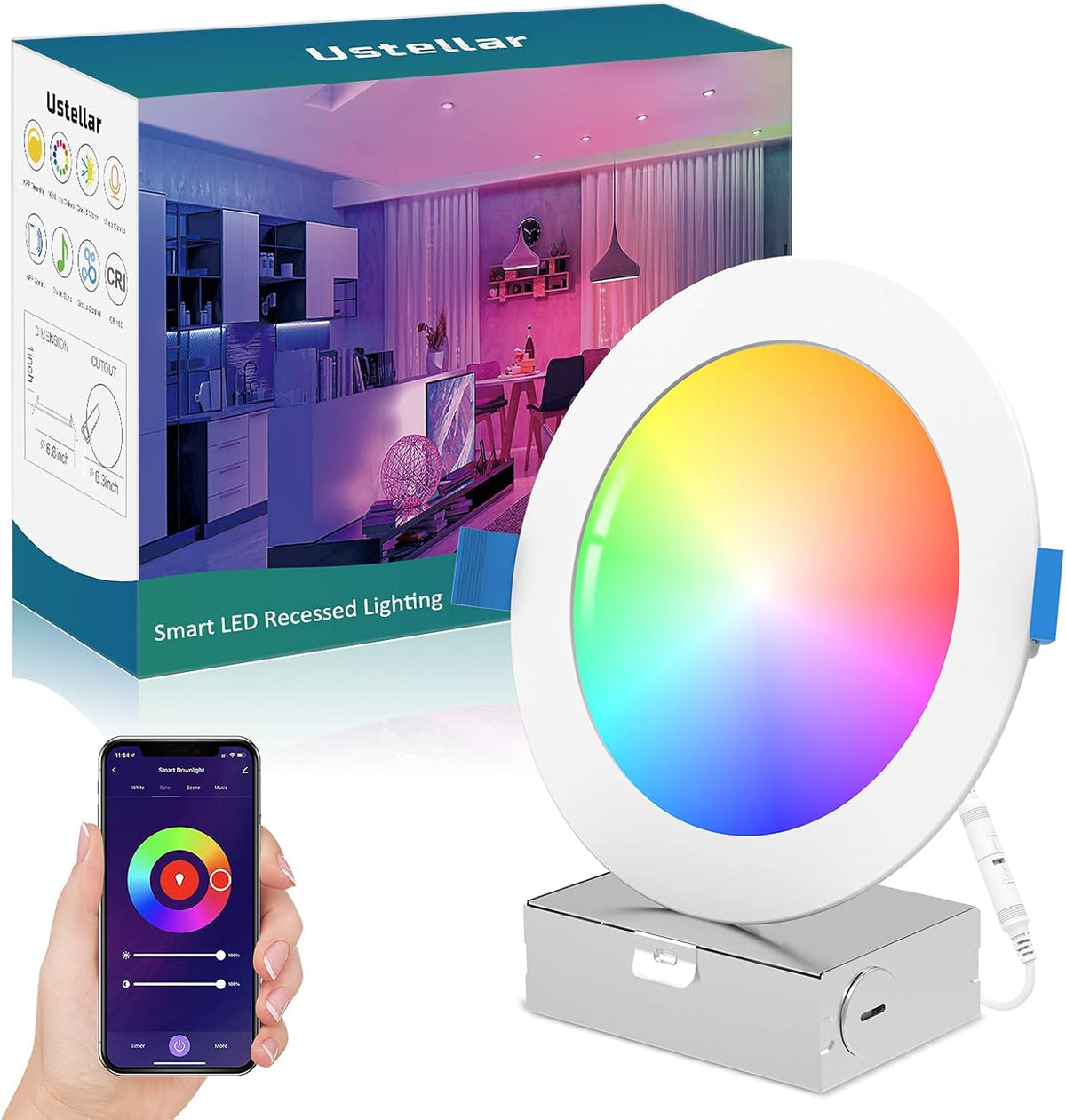 6 Inch WiFi RGBCW Retrofit LED Downlight, 15W 1100LM, 4 Packs F726491