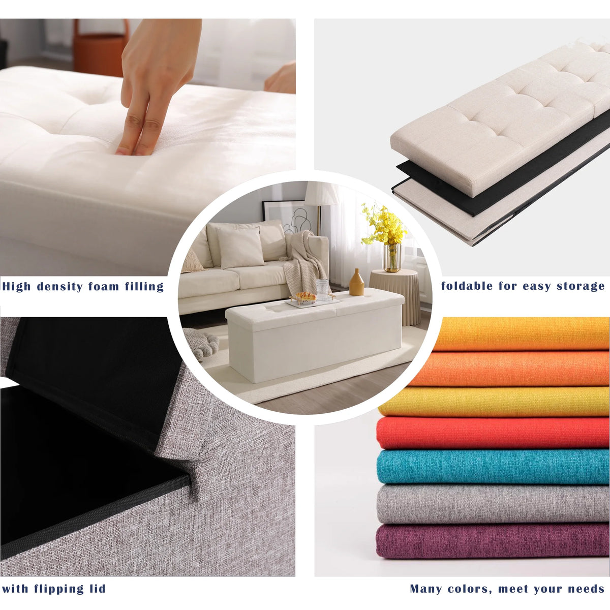 Linen Fabric Storage Ottoman Bench H9802