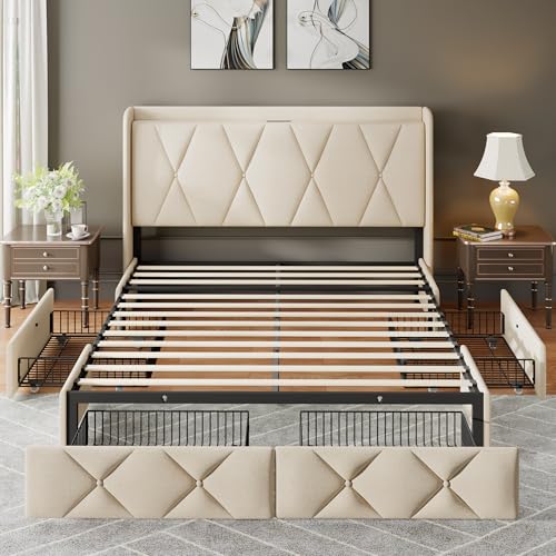 Light Grey Twin Upholstered Platform Bed Frame with 3 Storage Drawers G3722