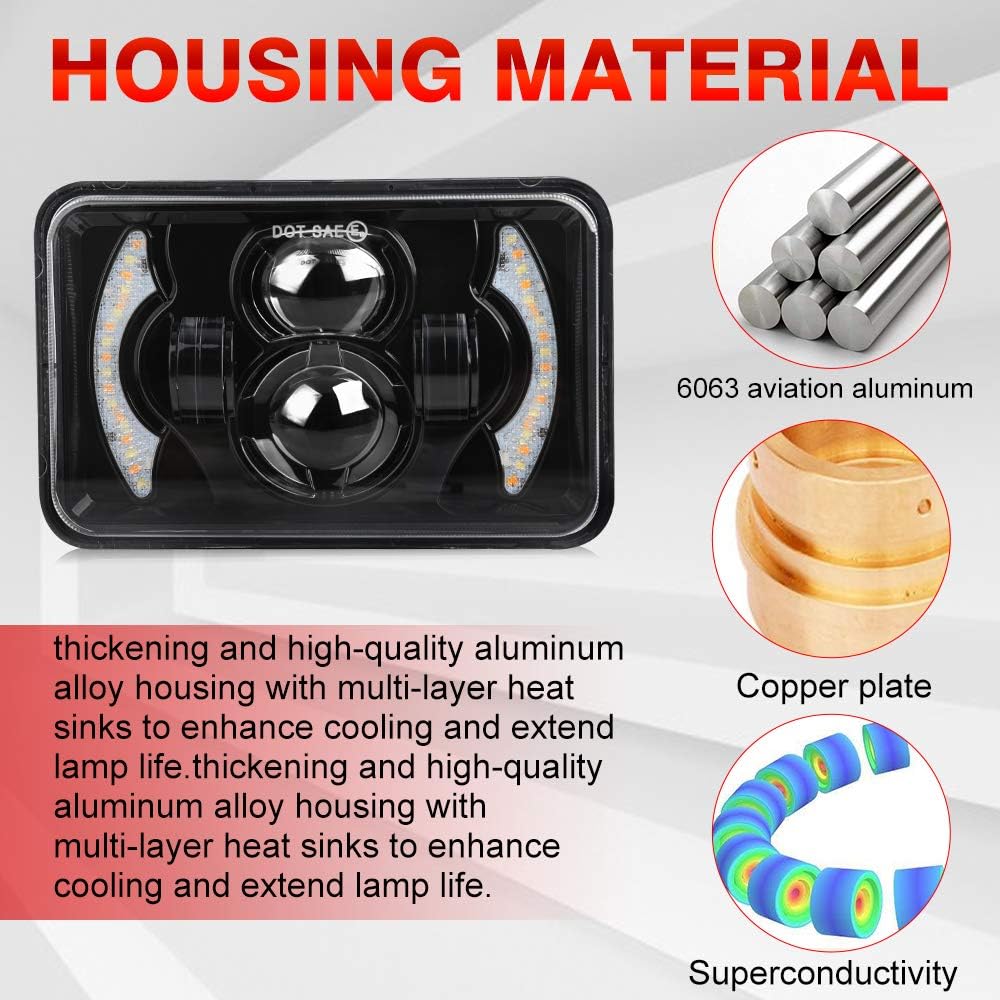 2pcs 4x6 Inch LED Headlights Sealed Beam 80W Amber Halo Rectangular Replacement Pack of 2 W7906