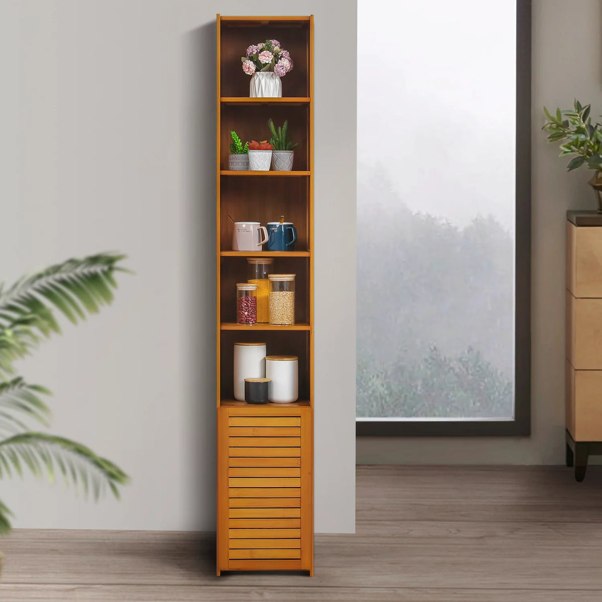 Bamboo 7 Shelves Bookcase with Door M5083