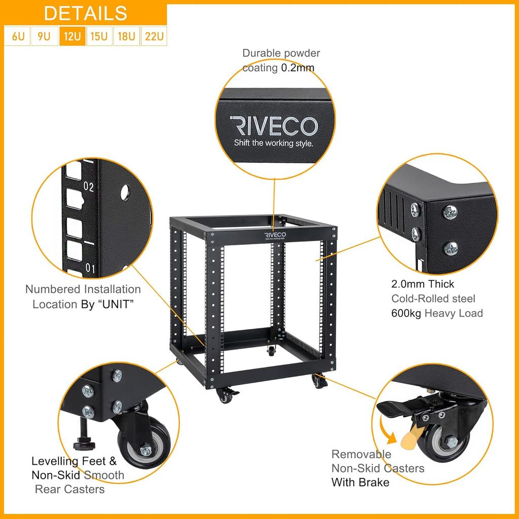 12U Open Frame Server Rack with Casters, 4 Post, 19-inch, Black T29443